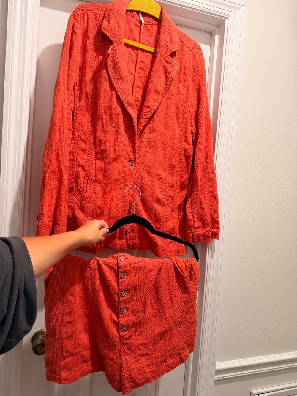 Free People Coral Textured Blazer and Button-Front Shorts